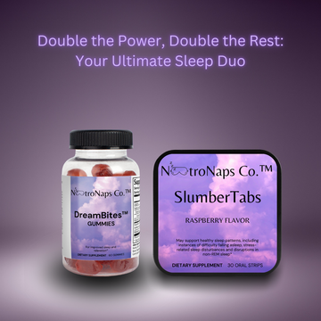 Rest & Recharge Bundle featuring DreamBites Sleep Gummies and Slumber Tabs Sleep Strips, the perfect natural duo for better sleep and relaxation.